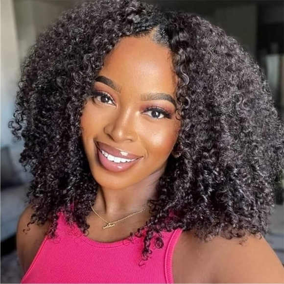 Glueless V Part Wig Human Hair Curly 16 Inch Natural Black
